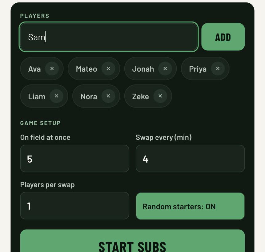 The Players section of the setup screen, with a name being typed into the add-player field above a roster of name chips.