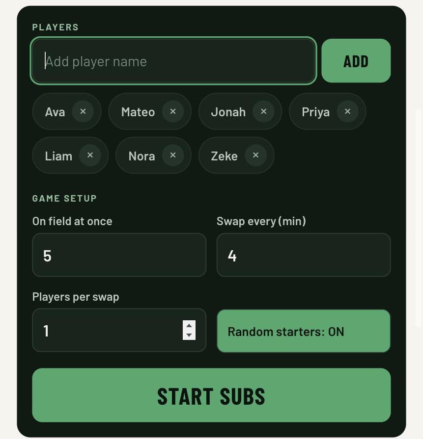 The Game setup grid showing on-field count, swap interval, players per swap, the random starters toggle, and the Start Subs button.