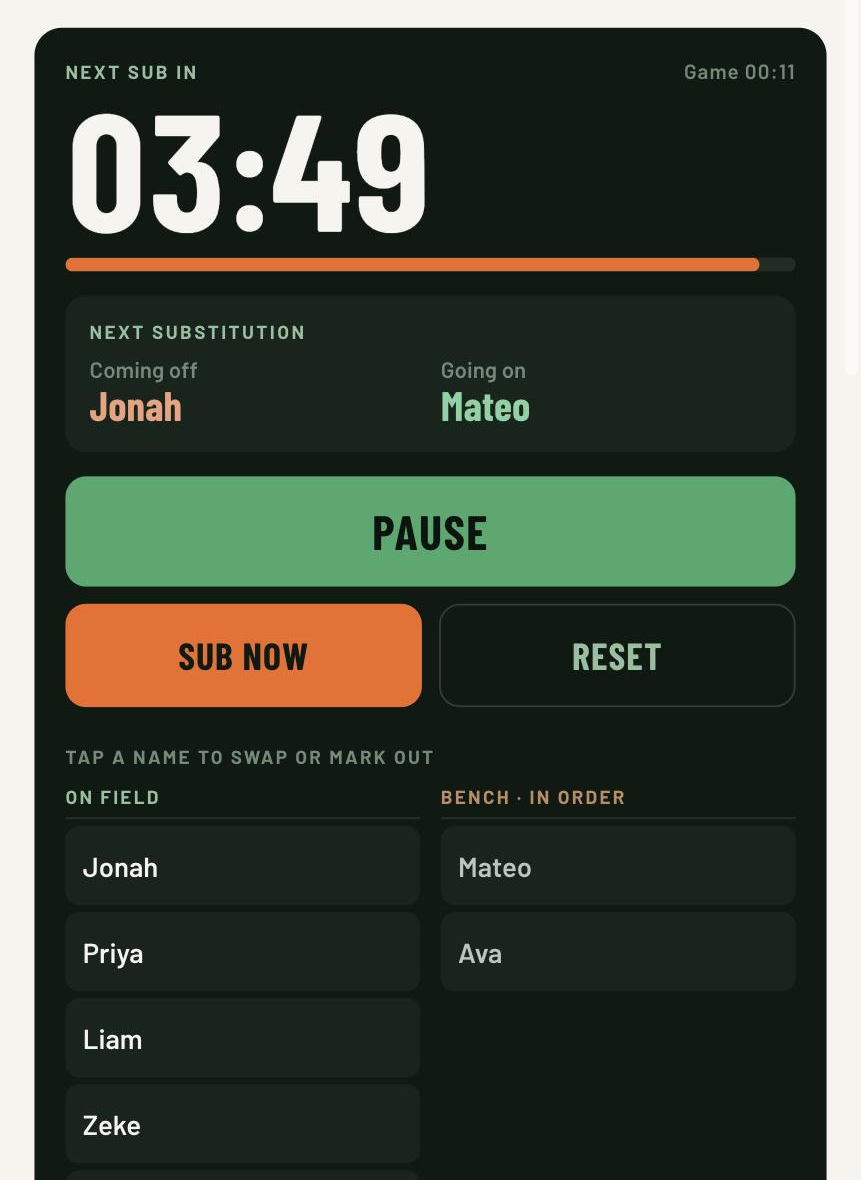The live screen with a large countdown clock, a progress bar, and a preview panel showing who's coming off and who's going on next.