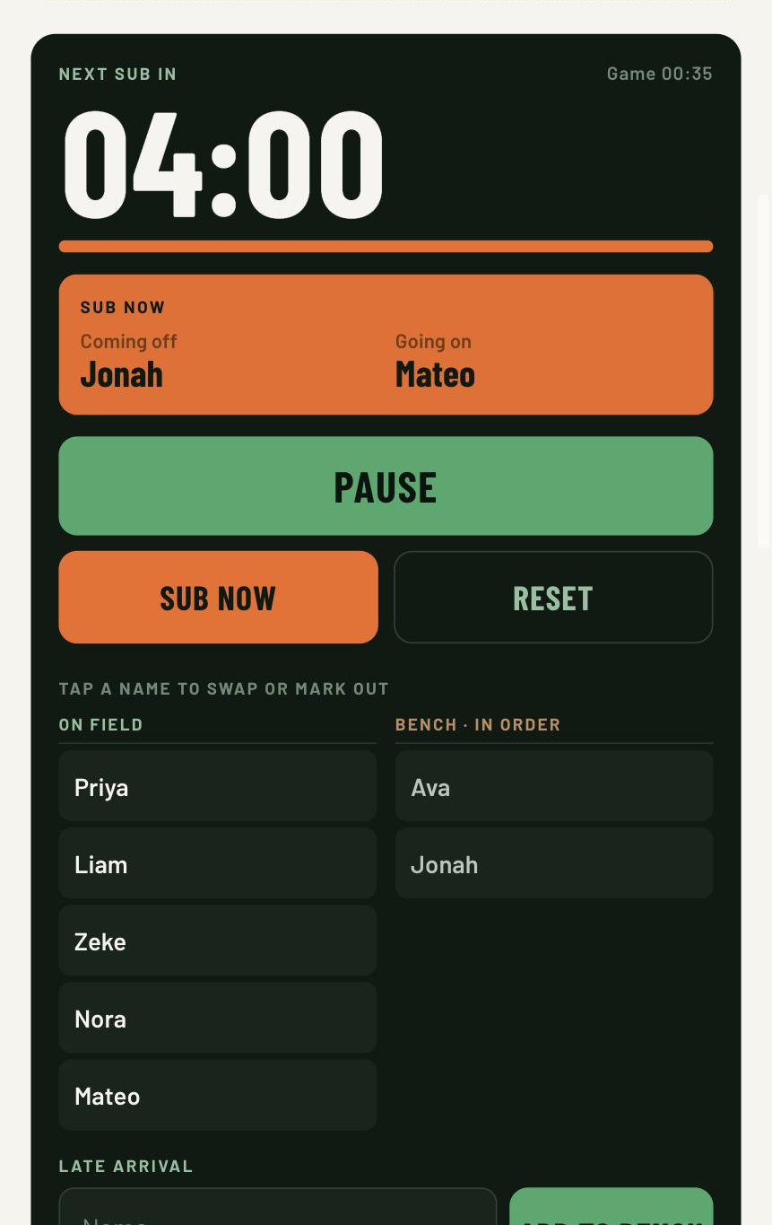 The live screen with the substitution panel flashing orange, showing the player coming off and the player going on.