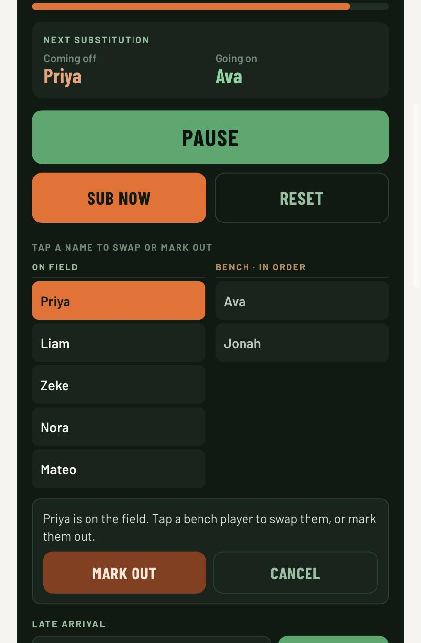 A selected player on the field, highlighted in orange, with a hint panel below offering to mark them out or cancel the selection.