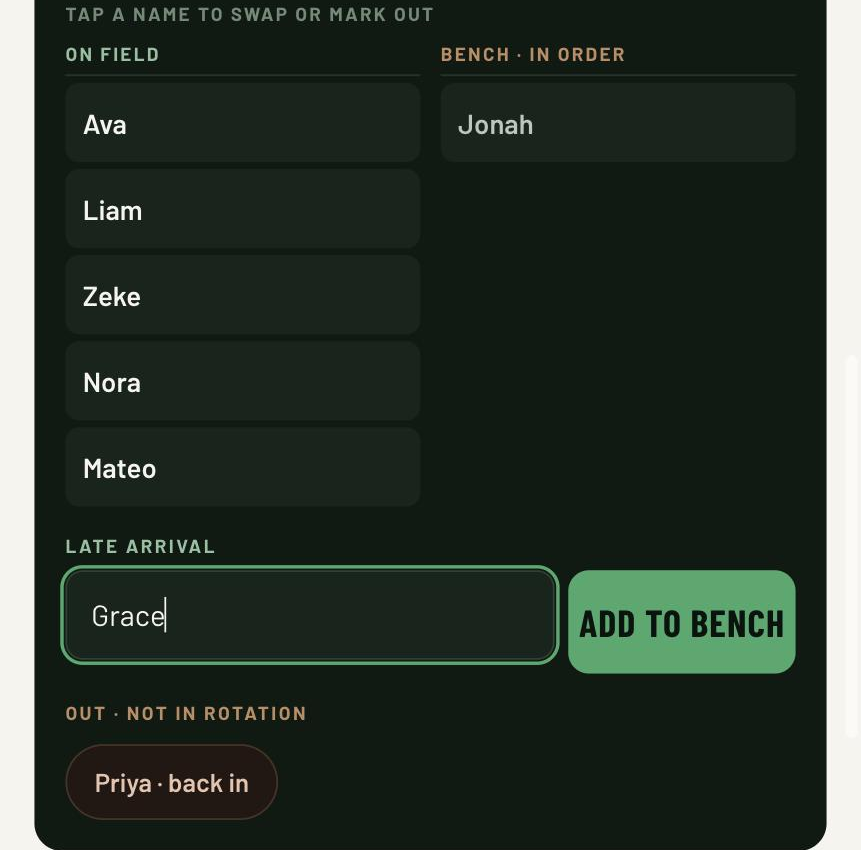 The on-field and bench lists after a player was marked out, with the late arrival name field and an Out chip reading 'Priya, back in'.